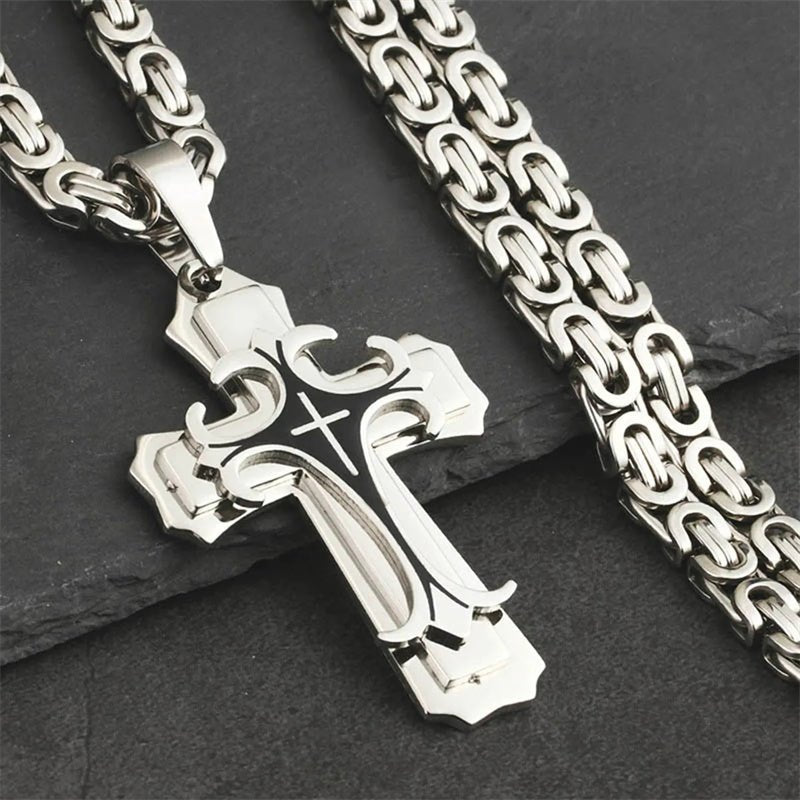 Christian Trinity Latin Cross Necklace For Men | Stainless Steel Layered Pendant - Jewelry - Speeding Queen Designs