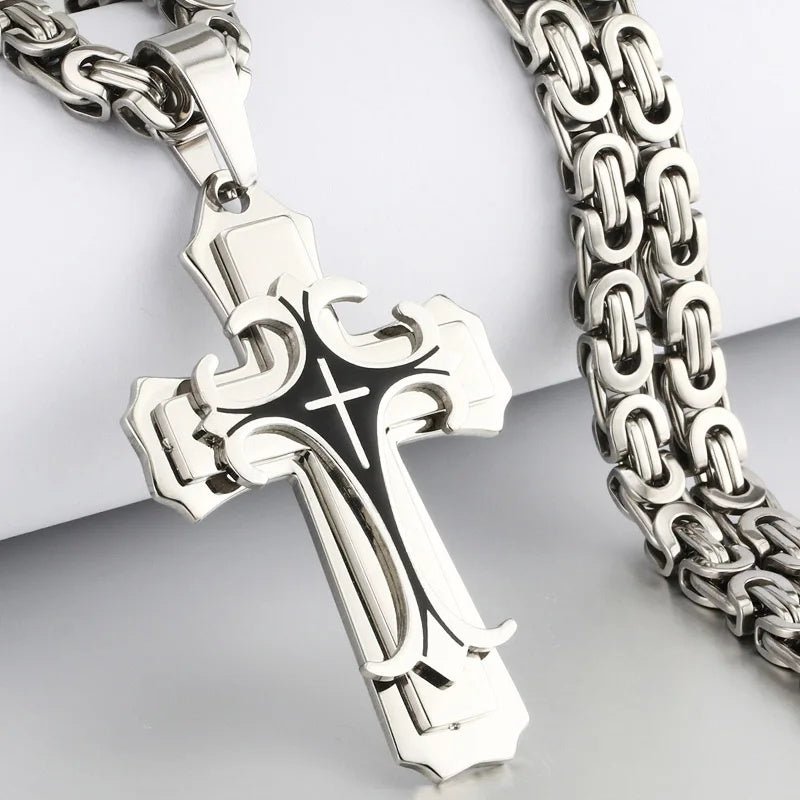Christian Trinity Latin Cross Necklace For Men | Stainless Steel Layered Pendant - Jewelry - Speeding Queen Designs