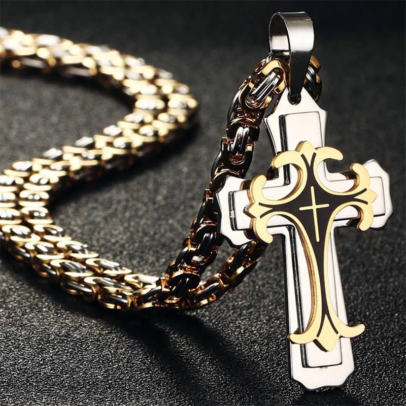 Christian Trinity Latin Cross Necklace For Men | Stainless Steel Layered Pendant - Jewelry - Speeding Queen Designs