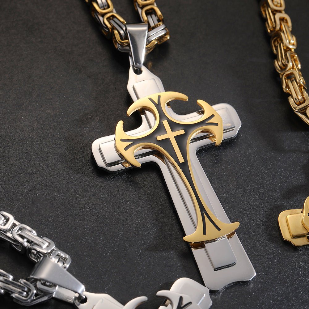 Christian Trinity Latin Cross Necklace For Men | Stainless Steel Layered Pendant - Jewelry - Speeding Queen Designs
