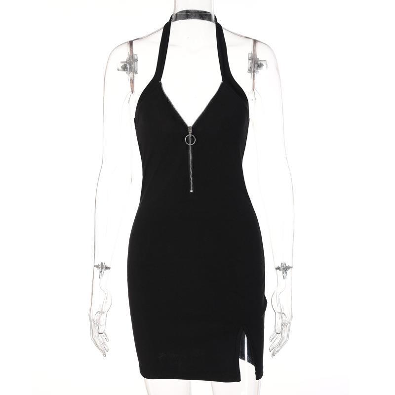 Zipper Halter V - Neck Split Dress | Backless Elegant Women's Dress - Women's Clothing - Speeding Queen Designs