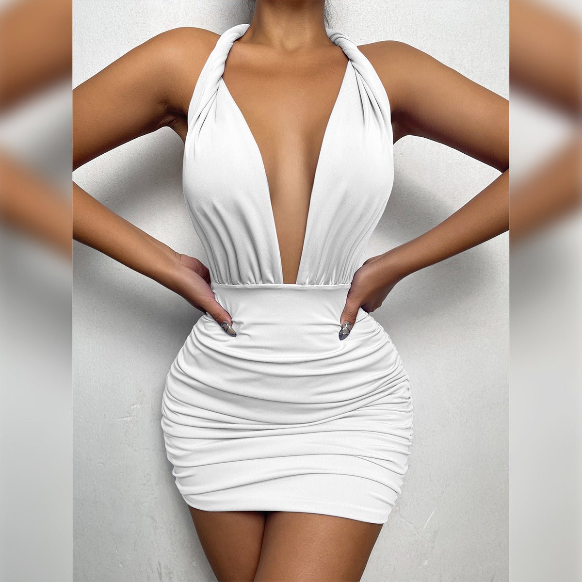 Halter Neck Deep V Pleated Dress | Backless Elegant Women's Dress - Dresses - Speeding Queen Designs