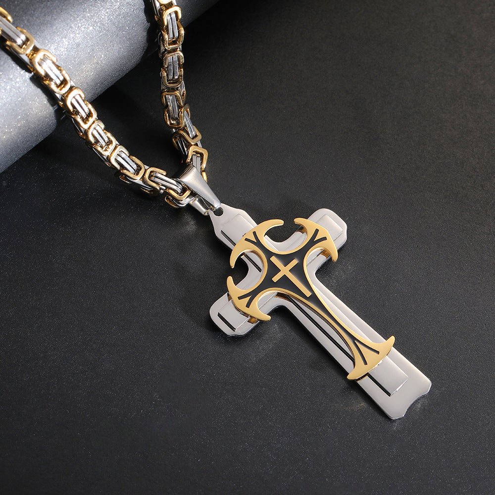 Christian Trinity Latin Cross Necklace For Men | Stainless Steel Layered Pendant - Jewelry - Speeding Queen Designs