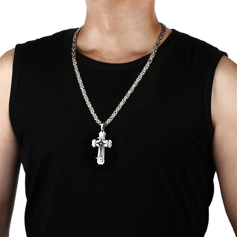 Christian Trinity Latin Cross Necklace For Men | Stainless Steel Layered Pendant - Jewelry - Speeding Queen Designs