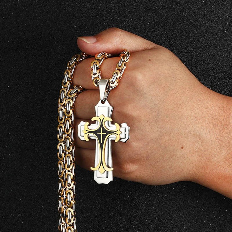 Christian Trinity Latin Cross Necklace For Men | Stainless Steel Layered Pendant - Jewelry - Speeding Queen Designs