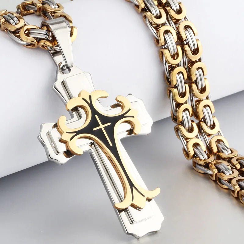 Christian Trinity Latin Cross Necklace For Men | Stainless Steel Layered Pendant - Jewelry - Speeding Queen Designs
