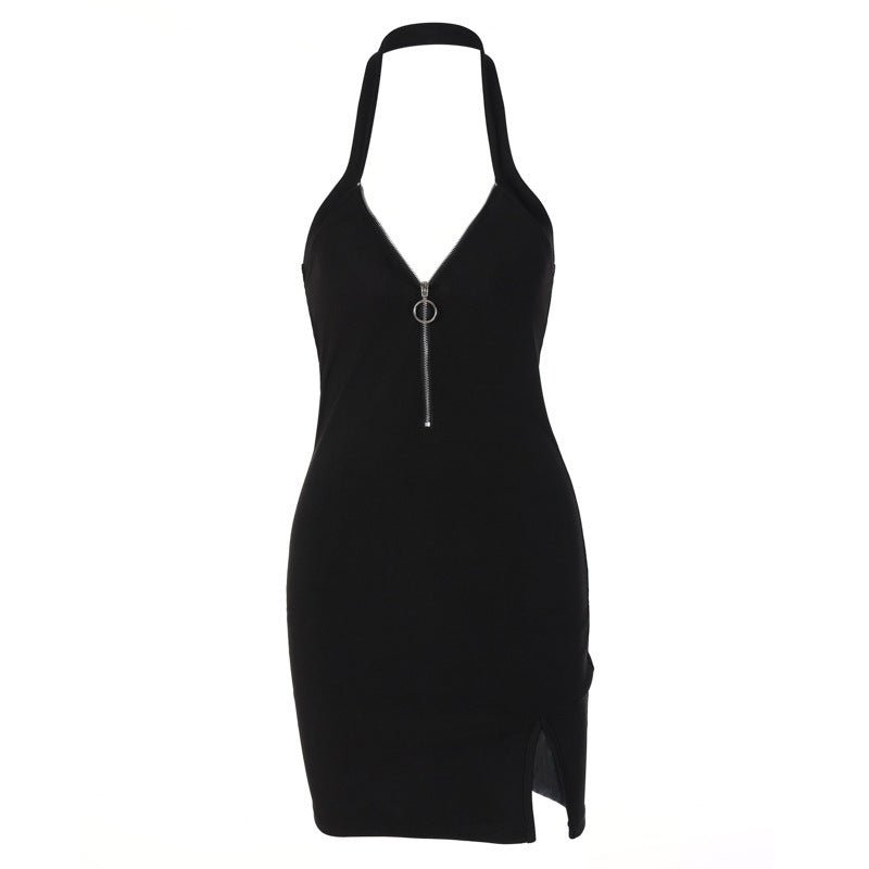 Zipper Halter V - Neck Split Dress | Backless Elegant Women's Dress - Women's Clothing - Speeding Queen Designs