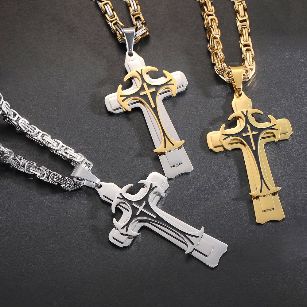 Christian Trinity Latin Cross Necklace For Men | Stainless Steel Layered Pendant - Jewelry - Speeding Queen Designs