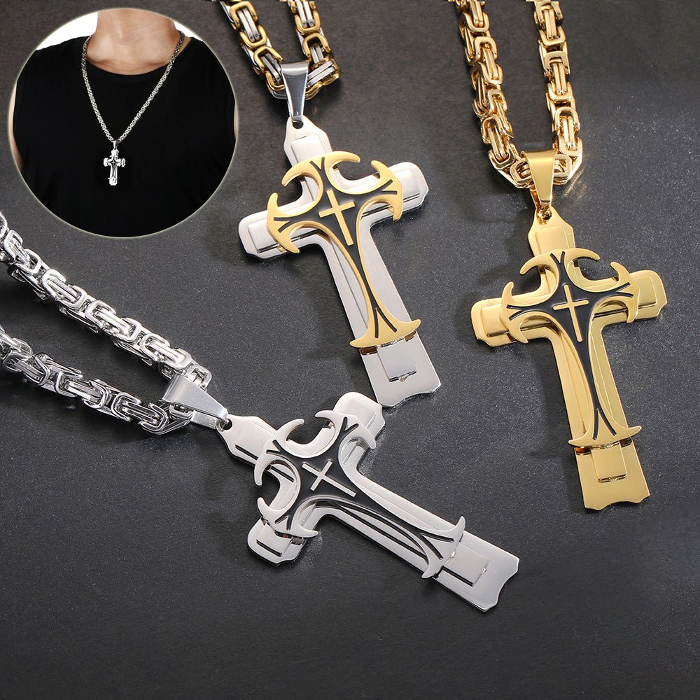Christian Trinity Latin Cross Necklace For Men | Stainless Steel Layered Pendant - Jewelry - Speeding Queen Designs